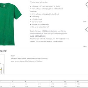 May include: Size chart for a green t-shirt with details about the fabric, fit, and care instructions. The chart shows measurements for sizes XS to 4XL in inches.