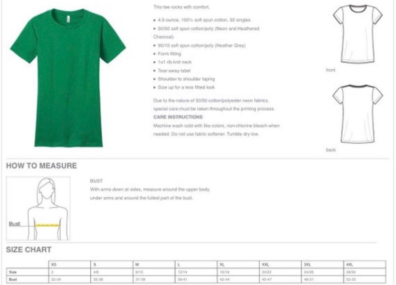 May include: Size chart for a green t-shirt with details about the fabric, fit, and care instructions. The chart shows measurements for sizes XS to 4XL in inches.