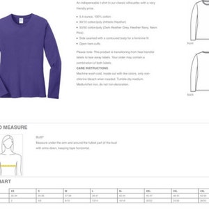 May include: A size chart for a long-sleeved t-shirt with measurements in inches. The chart shows the size, bust, and sleeve length for sizes XS to 4XL. The shirt is available in a variety of colors, including heather grey, navy, and neon pink.