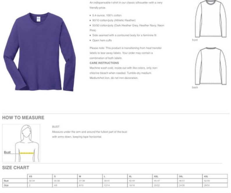 May include: A size chart for a long-sleeved t-shirt with measurements in inches. The chart shows the size, bust, and sleeve length for sizes XS to 4XL. The shirt is available in a variety of colors, including heather grey, navy, and neon pink.