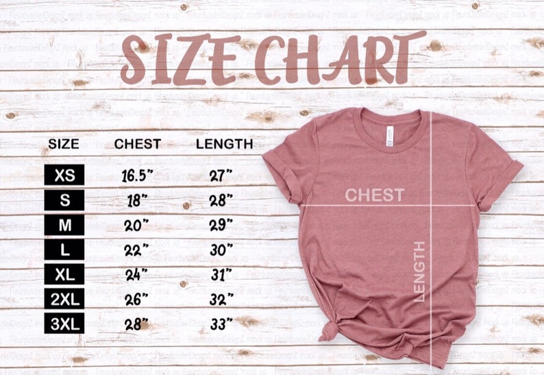 Puede incluir: Tabla de tallas para una camiseta con medidas en pulgadas para el pecho y la longitud. Las tallas incluyen XS, S, M, L, XL, 2XL y 3XL.