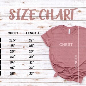 May include: Size chart for a t-shirt with measurements in inches for chest and length. Sizes include XS, S, M, L, XL, 2XL, and 3XL.