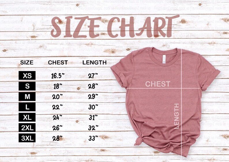 May include: Size chart for a t-shirt with measurements in inches for chest and length. Sizes include XS, S, M, L, XL, 2XL, and 3XL.