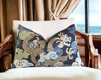 Kaufmann Magic Dragon Pillow Cover 18x18, 20x20, 22x22, 24x24, 12x20, 12x22, 14x22, 14x48 Chinoiserie Throw Pillow Cover Ultramarine