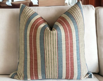 Striped Throw Pillow Cover: Longhill Bayberry Dresden, Cotton Linen Blend