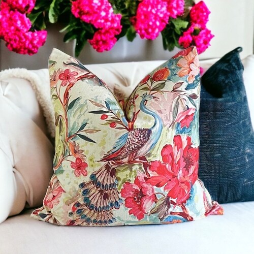 Peacock Watercolor Throw Pillow Cover: Floral Cotton Kingsway Jewel