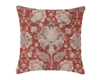 May include: Square decorative pillow with a floral pattern in shades of red, beige, and gray. The pillow features a detailed, symmetrical design with stylized flowers and leaves, suitable for home decor.