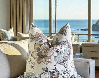 Ecru Floral Pillow Cover: Kaufmann Makalo Cotton Throw Pillow