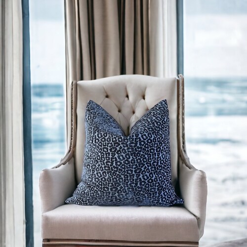 Navy Leopard Chenille Throw Pillow Cover: XL Lumbar, Velvet Back