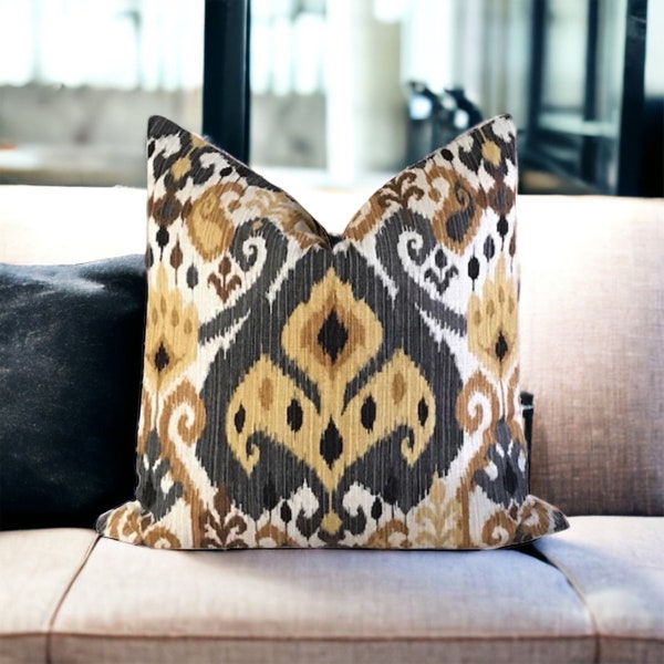 Ikat Mill Creek Throw Pillow Cover 18x18, 20x20, 22x22, 24x24, 12x20, 14x22 Charcoal, Gold, Mustard, Ivory Moroccan Witherfiled Candlelight