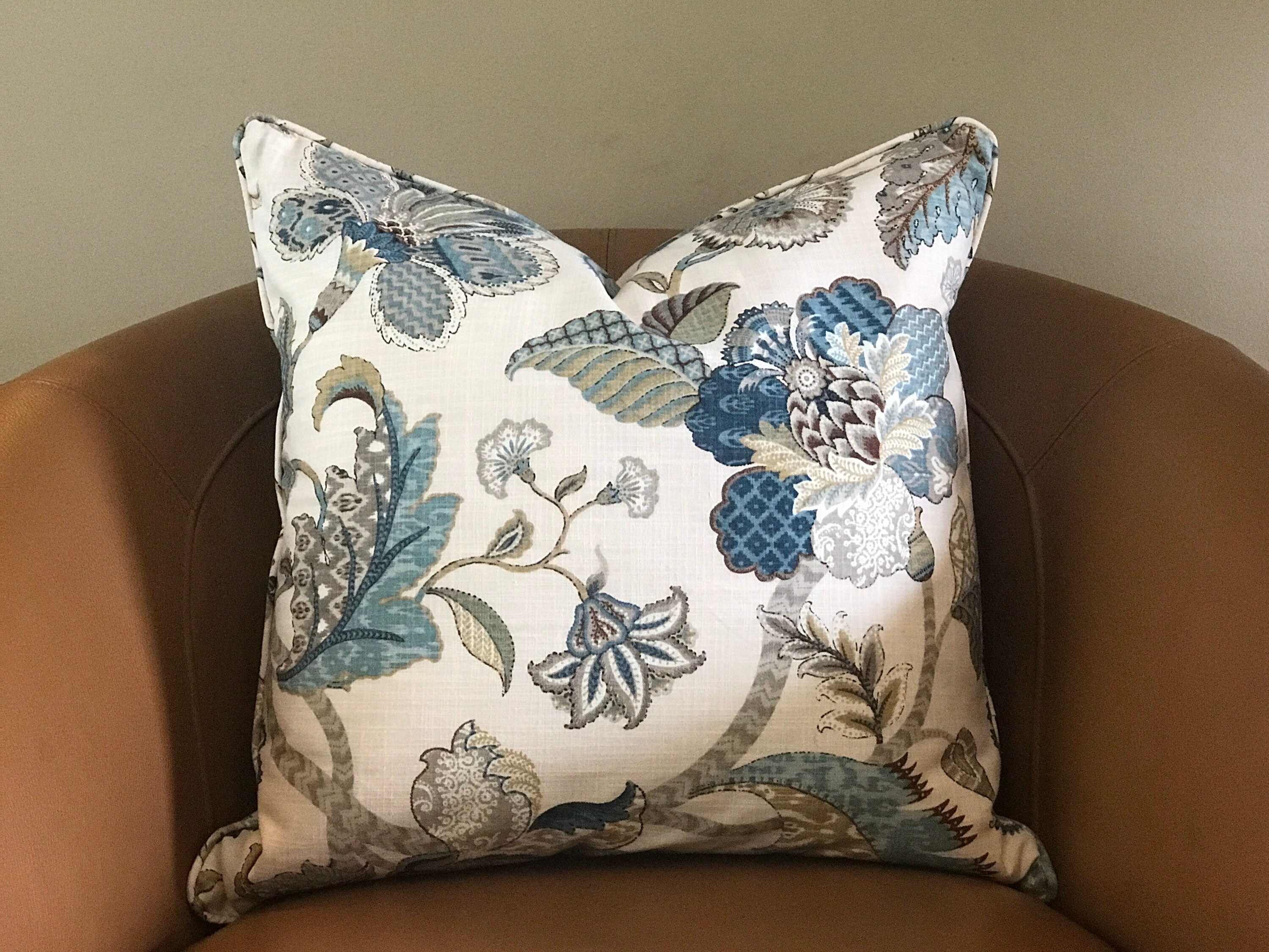 Blue Jacobean Floral Pillow Cover With Self Piping 18x18 20x20 Etsy