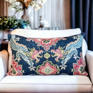 Myth and Medallion Celestial Pillow Cover 12x20, 12x22, 14x22, 16x24, 12x46, 14x48 Navy Dragon Chinoiserie Throw Pillow Cover