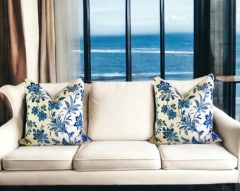 Set of 2 Blue & Cream Jacobean Throw Pillow Covers Seaside Baretta 18x18 20x20 12x20 Floral Pillow Covers Blue Throw Pillow