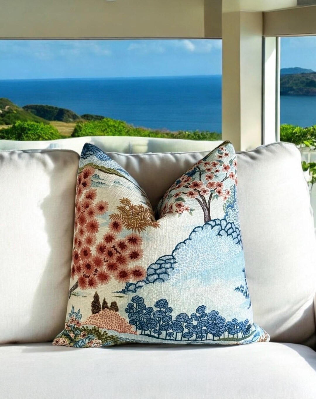 Chinoiserie Pillow Cover: Vintage Floral Landscape, Elegant Home Accent ...