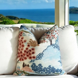 Blossom Haven Decorative Pillow Cover – Vintage Chinoiserie Floral Pillow Cover, Oriental Landscape Throw Pillow, Elegant Home Décor Accent
