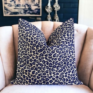 Nocturne Leopard Chenille Pillow Cover - Navy Blue & Ivory, Luxury Animal Print Cushion Cover, Double-Sided, Decorative Throw Pillow Cover