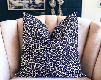 Navy Blue Leopard Chenille Pillow Cover: Double-Sided Animal Print