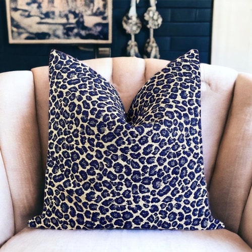 Navy Blue Leopard Chenille Pillow Cover: Double-Sided Animal Print