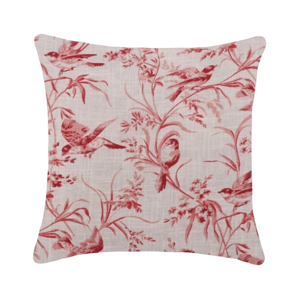 Aviary Toile Printed Linen Blend Double Sided Throw Pillow Cover 18x18 20x20 22x22 24x24 12x20 14x22 French General Rouge Throw Pillow Cover
