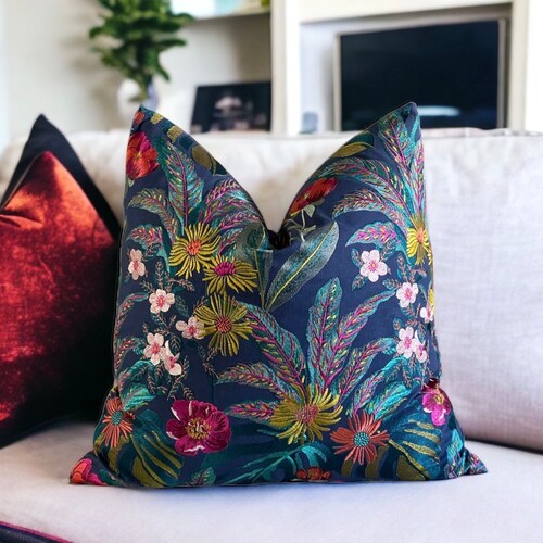 Embroidered Floral Pillow Cover: Olga Midnight Navy Throw Pillow