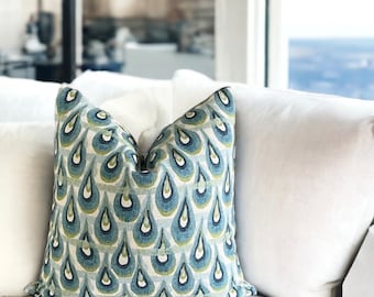 Peacock Throw Pillow Cover 18x18 20x20 22x22 24x24 12x20 14x22 Chloe Birchcloth Navy Blue Teal Lime Ivory Geometric Modern