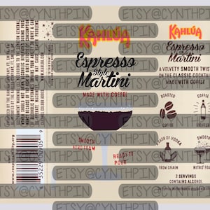 May include: A label for a bottle of Kahlua Espresso Martini cocktail mix. The label is beige with brown text and graphics. The text reads "Kahlua Espresso Martini Style Made with Coffee". The label also includes a graphic of a martini glass with a dark brown liquid, a graphic of coffee beans, and a graphic of a bottle of coffee liqueur.