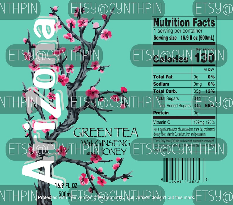 May include: A green and white label with a pink cherry blossom tree design. The label reads "Green Tea with Ginseng and Honey" and includes a nutrition facts label. The label is for a 16.9 fl oz (500 ml) bottle.