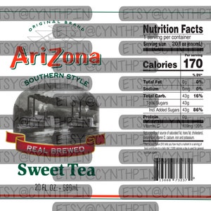 May include: A white label with a red and green logo for Arizona Sweet Tea. The logo features a black and white illustration of a steamboat. The label also includes the text "Original Brand", "Southern Style", "Real Brewed", and "20 fl oz - 680 ml". The nutrition facts are listed on the right side of the label.