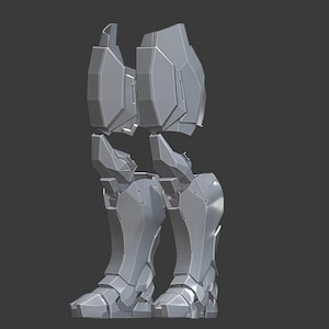 May include: A 3D printed model of a robot leg, disassembled into multiple pieces. The leg is made of a smooth, gray plastic and has a futuristic design.
