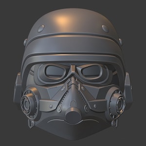 Könnte beinhalten: Ein graues 3D-Modell eines futuristischen Helms mit Visier und Gasmaske.