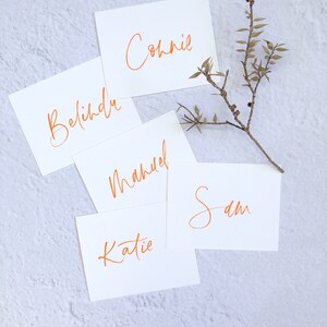 Feestkaartjes, kleurrijke plaatskaartjes, naamkaartjes met kalligrafie met penseelletters voor je chique avondje. Evenementkalligrafie, ideeën voor plaatskaarten