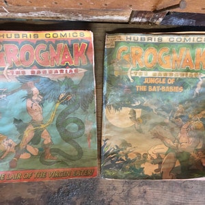 May include: Two vintage comic books with covers featuring a muscular man in a loincloth. The first comic is titled "Groghnak the Barbarian" and features a green snake and a bird. The second comic is titled "Groghnak the Barbarian: Jungle of the Bat-Babies".