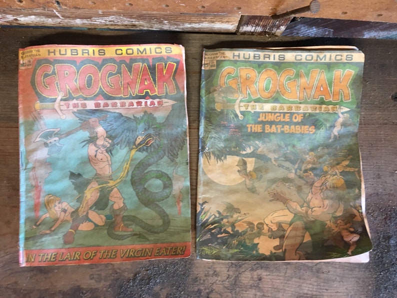May include: Two vintage comic books with covers featuring a muscular man in a loincloth. The first comic is titled "Groghnak the Barbarian" and features a green snake and a bird. The second comic is titled "Groghnak the Barbarian: Jungle of the Bat-Babies".