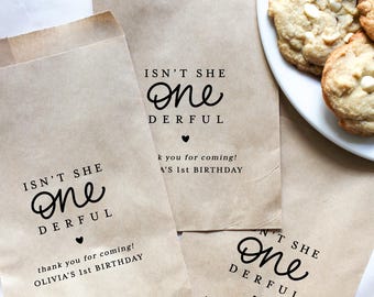 One-derful First Birthday Favor Bags || Personalized Birthday Party Treat Bag, Popcorn, Cookies, Thank you