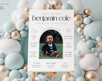 Fotoschild-Vorlage für den ersten Geburtstag – Benjamin-Kollektion || Fotoposter zum 1. Geburtstag, druckbarer erster Geburtstag, sofortiger Download