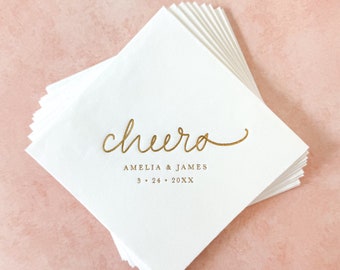 Cheers Cocktail Napkins Personalized || Gold Foil Wedding Napkins, Bridal Shower, Engagement, Rehearsal Dinner
