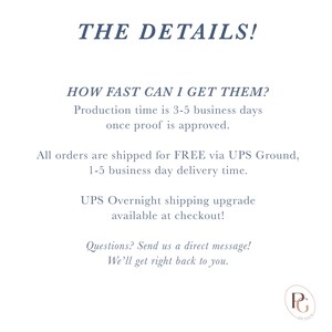 text that provides information about the shipping process for orders. It mentions that production time is 3-5 business days once proof is approved, and all orders are shipped for free via UPS Ground. Additionally, there is a note about UPS Overnights shipping upgrade available at checkout. The image does not contain any visual content, such as images or graphics, and does not describe any specific details about the content or context.