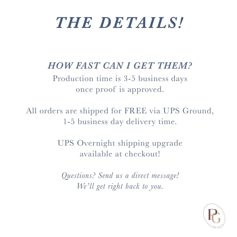 text that provides information about the shipping process for orders. It mentions that production time is 3-5 business days once proof is approved, and all orders are shipped for free via UPS Ground. Additionally, there is a note about UPS Overnights shipping upgrade available at checkout. The image does not contain any visual content, such as images or graphics, and does not describe any specific details about the content or context.