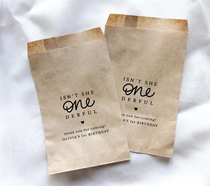 One-derful First Birthday Favor Bags || Personalized Birthday Party Treat Bag, Popcorn, Cookies, Thank you image 2