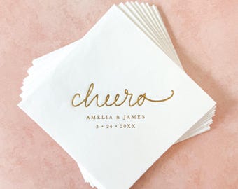 Cheers Personalized Wedding Napkins || Gold Foil, Bridal Shower, Engagement, Rehearsal