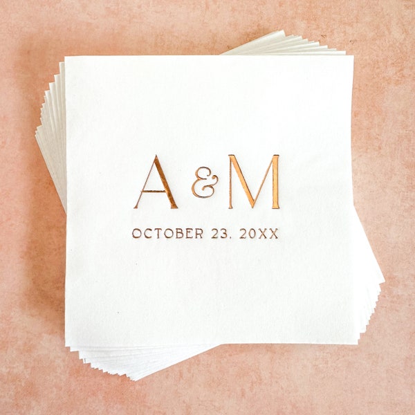 Wedding Cocktail Napkins Initials Personalized || Gold Foil Wedding Napkins, Bridal Shower, Engagement, Rehearsal Dinner