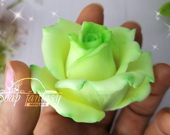 May include: A light green and white rose soap mold. The mold is in the shape of a rose with a single bloom. The mold is held in a hand.