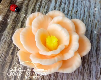 May include: A peach-colored flower-shaped mold with a bright yellow center, featuring layered petals. A small red and black ladybug figurine is positioned to the upper left. The text Soap fantasy MOLDS is printed in white at the bottom left.