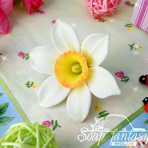 Op de afbeelding: Een witte en gele narcis met zes bloemblaadjes. De bloem is gemaakt van fondant en is een realistische weergave van een echte narcis.