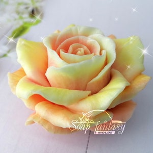 May include: A close-up of a handcrafted soap shaped like a rose. The soap features a gradient of colors, transitioning from yellow to peach and pink. The soap is labeled "Soap Fantasy Molds".