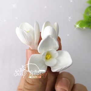 May include: Three white flower molds with yellow centers. The molds are made of silicone and are perfect for creating realistic flowers for cakes, cupcakes, and other desserts. Soap Fantasy Molds is printed on the bottom of the image.