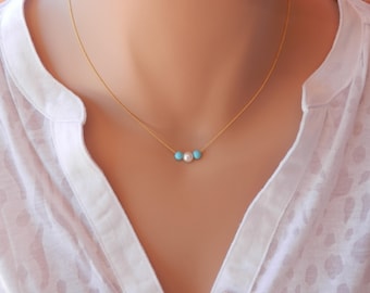 Collier Pendentif Cœur Perles Turquoises Et Acier Inoxydable INOX - 36-40 Cm, Neuf Avec étiquette