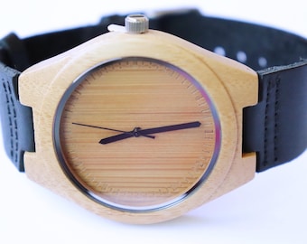 Engraved Bamboo Wood Watch: Personalized Leather Band Men's Watch