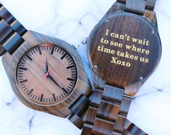 Engraved wooden watch for him, Personalized for him, Husband gift, Father gift watch for men, Black Ebony Wood, Thanks giving sale!