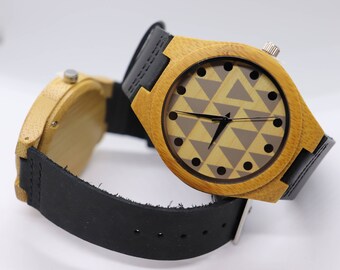 Engraved Bamboo Wood Watch: Personalized Leather Band
